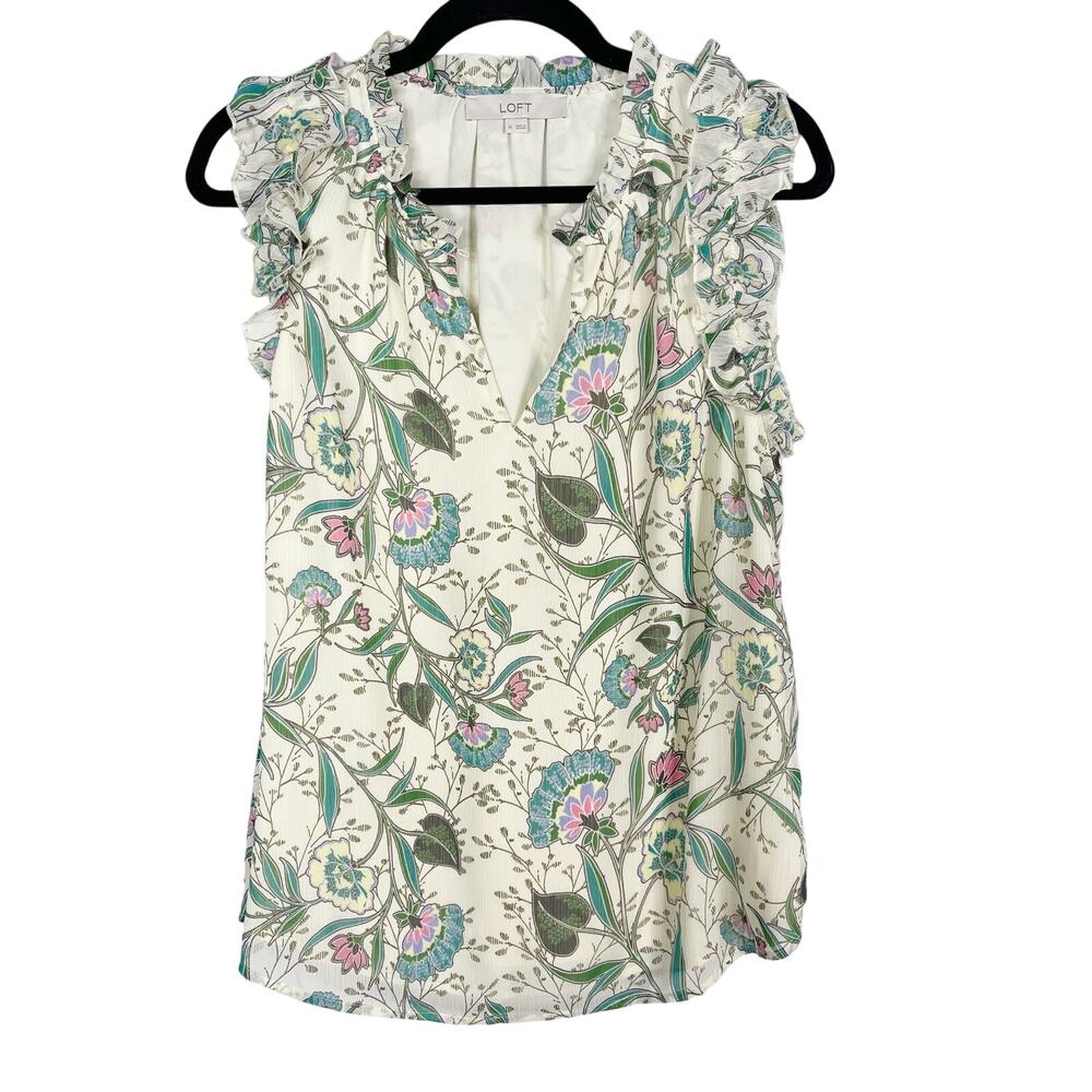 LOFT Medium M Cream Blue Floral Ruffle Split Neck Shell Tank Top Sleeveless